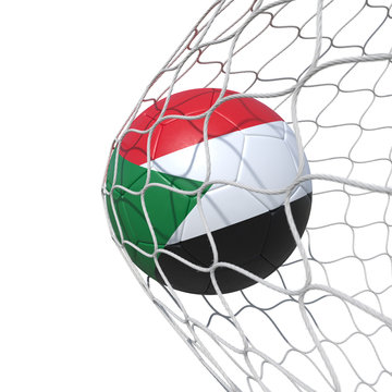 Sudan Sudanese flag soccer ball inside the net, in a net.