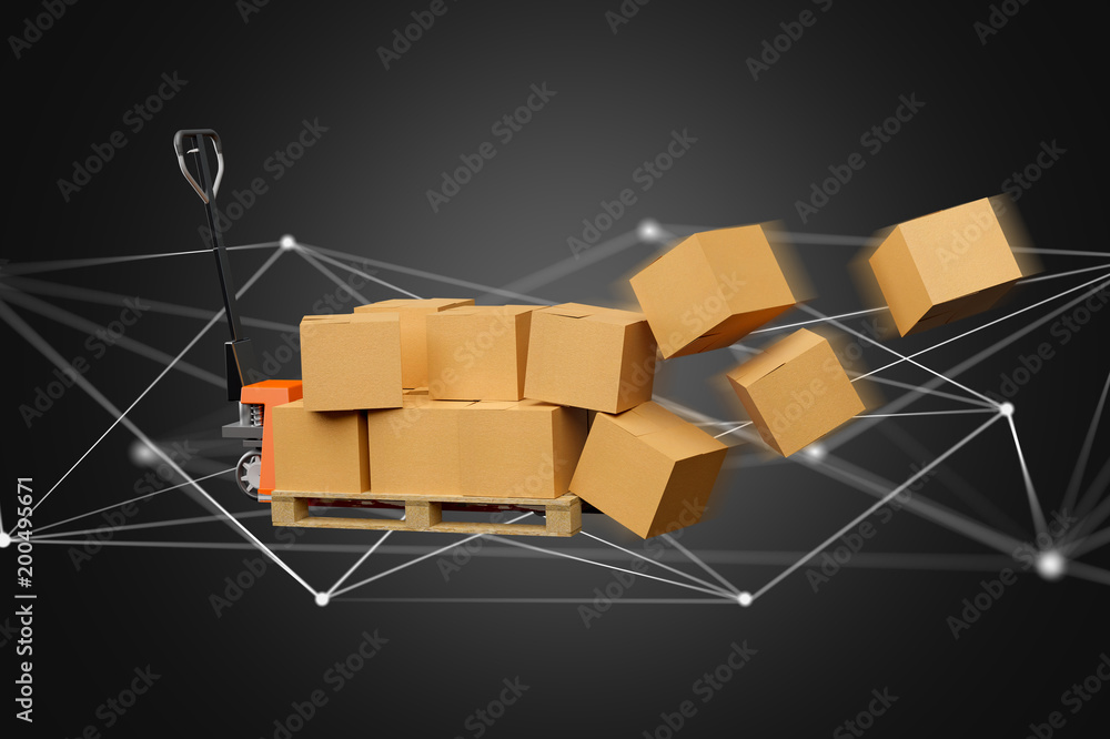 Poster pallet truck and carboxes with network connection system - 3d render
