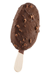 Ice cream in chocolate glaze with nuts on a wooden stick. Sweet dessert for the summer is photographed close-up. Isolated on white background.
