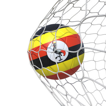 Uganda Ugandan flag soccer ball inside the net, in a net.
