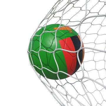 Zambia Zambian flag soccer ball inside the net, in a net.