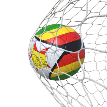 Zimbabwe Zimbabwean flag soccer ball inside the net, in a net.