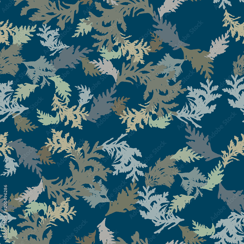 Poster botanical vector seamless pattern with thuja branches and twigs