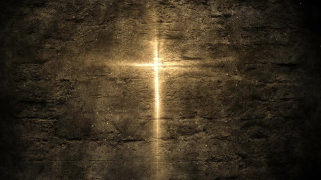 Glowing christian holy cross on cement wall background