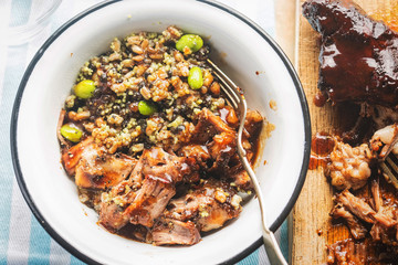 Superfood: couscous, lentils & edamame soybeans with slow cooked pulled pork in hoisin sauce. 