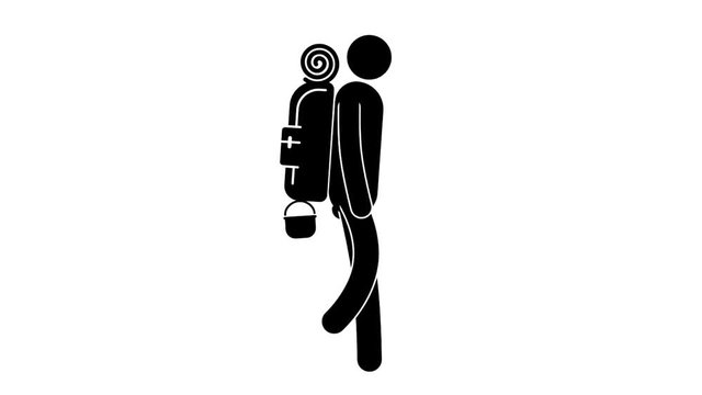 Pictogram man walks in a hike with large backpack on his back