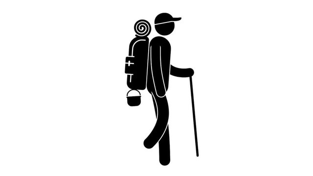 Icon tourist man goes on a trek with large backpack and stick in his hand. Loop animation with alpha channel.