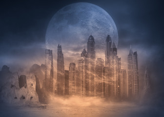 Full moon on desert cityscape at sand storm