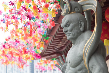 Chinese God statue at Singapore Buddha Tooth Relic temple and Museum during Chinese new year festival famous buddhism temple for tourism located at china town area.
