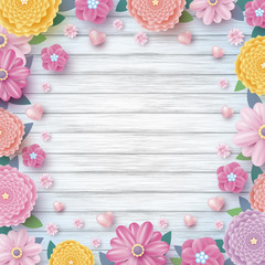 Spring design of colorful flowers and hearts on wood texture background with copy space vector illustration