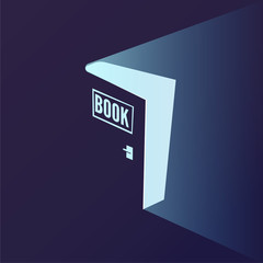 Open door as book with bright light. knowledge and imagination from book. reading book for boost up your creative concept. vector