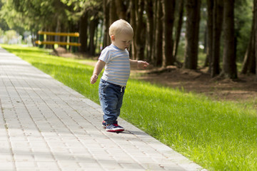 Cute toddler ow the walk in summer park. Adorable baby boy walking in a beautiful summer garden