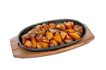 Potato with mushrooms and onions, fried, baked portion on a hot frying pan, on a wooden board on a white isolated background Side view. For the menu, restaurant, bar, cafe