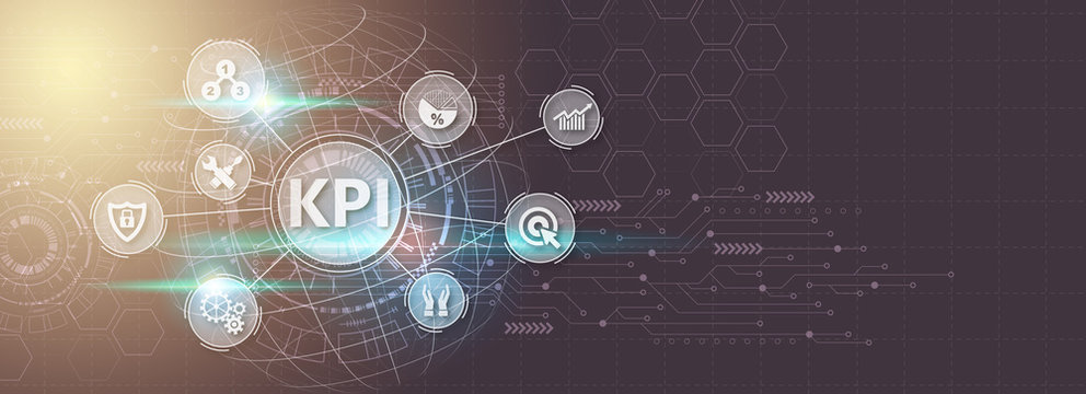Key Performance Indicator (KPI) using Business Background with infographic versus planned target, person touching screen icon, success concept.