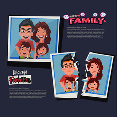 Torn paper with picture of sad family. Broken family concept - vector illustration