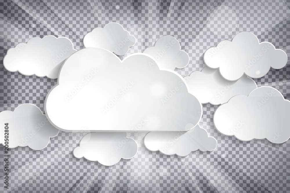 Poster vector illustration of different white paper clouds set with sun rays on a chequered background
