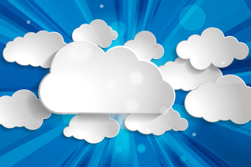 Vector illustration of different white paper clouds set with sun rays on a blue sky background