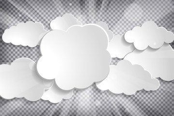 Vector illustration of clouds set with sun rays on a chequered b