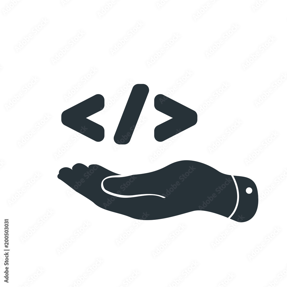 Poster flat hand showing code symbol. code corner icon design concept with hand. illustration for mobile ap