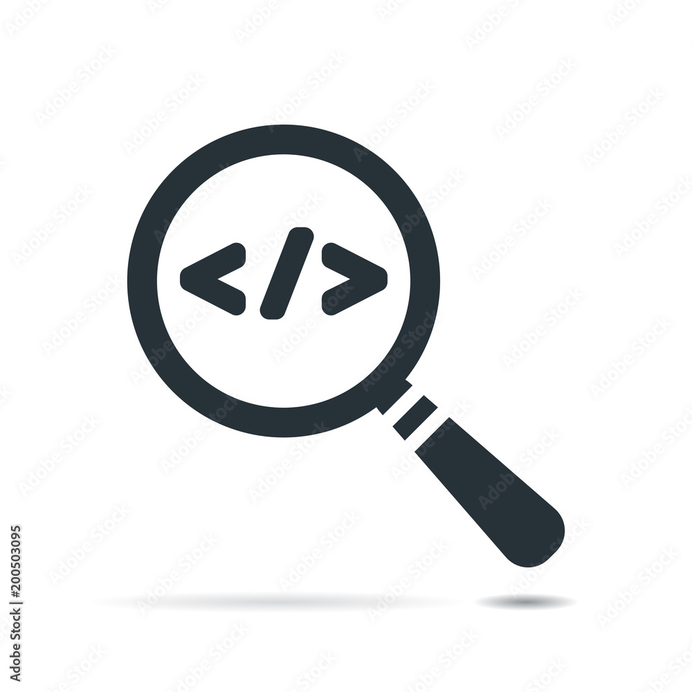Poster flat magnifying glass with code symbol. code corner search icon