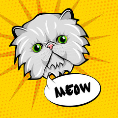 Cute cat head pop art. Isolated on yellow background. 