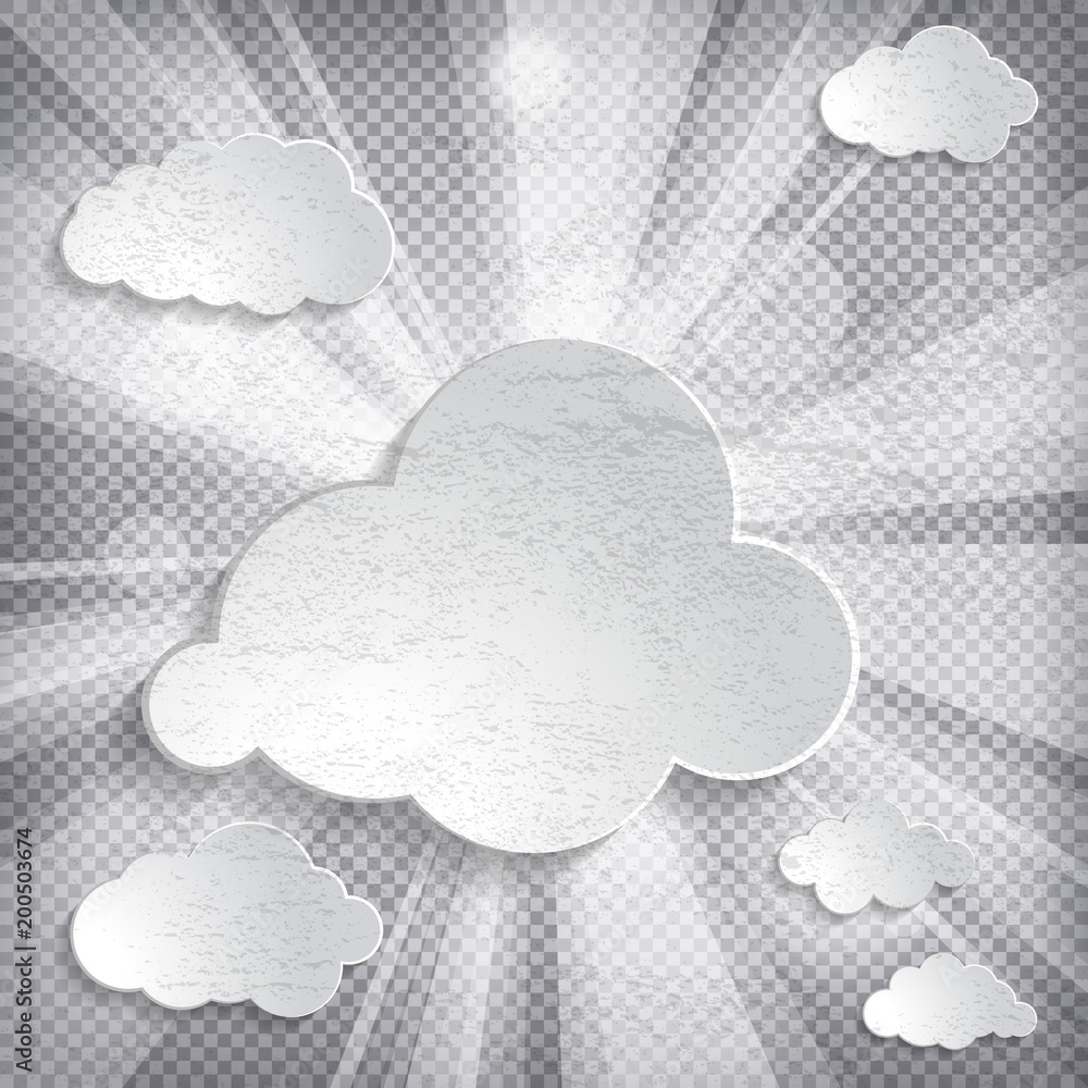 Poster grunge abstract background with sun rays and white paper clouds on a chequered background