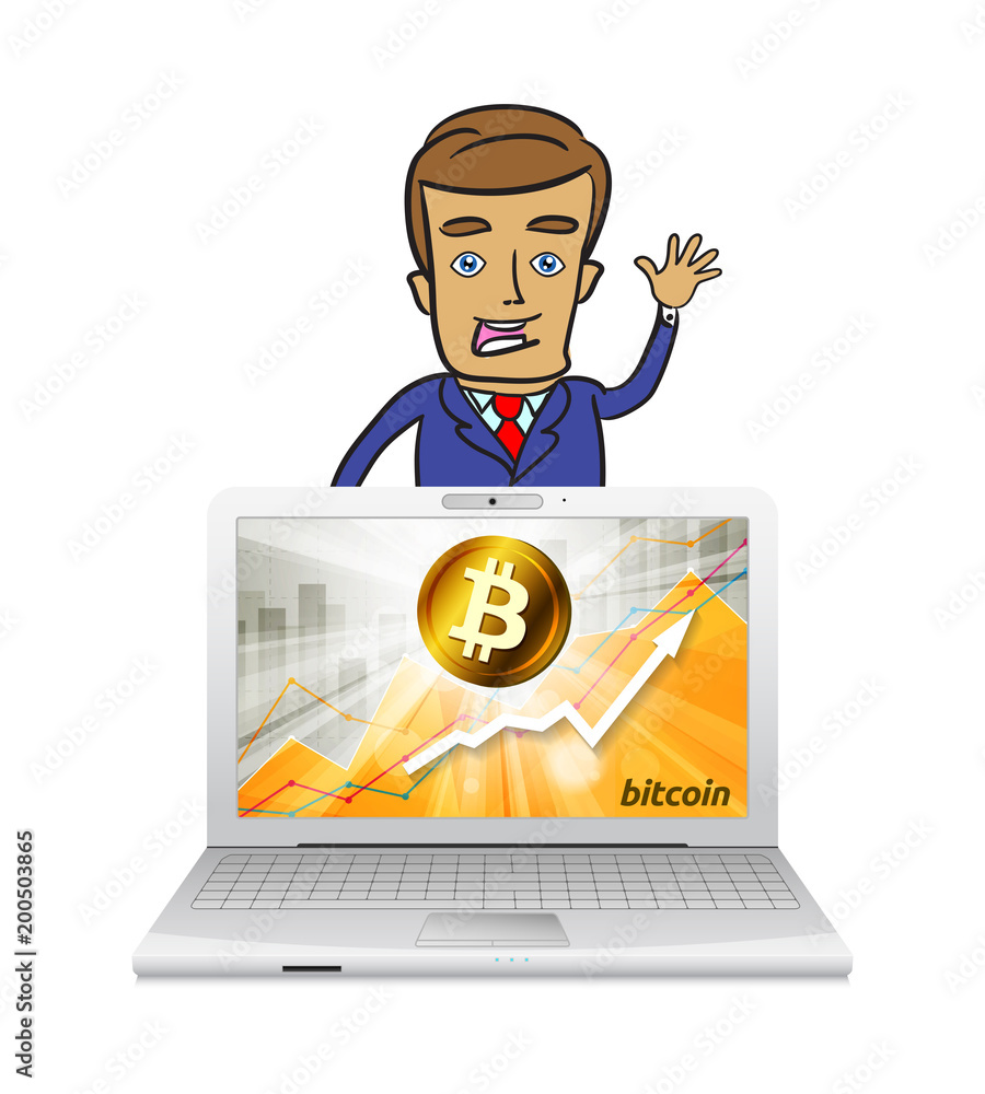 Poster happy young businessman with laptop with golden bitcoin cryptocurrency in the bright rays on backgro