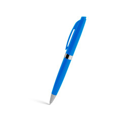 Blue plastic ballpoint pen on a white background.