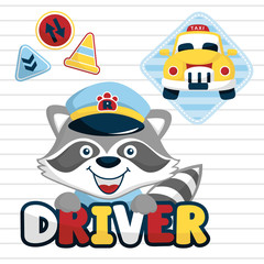 funny taxi driver cartoon vector with traffic signs on striped background