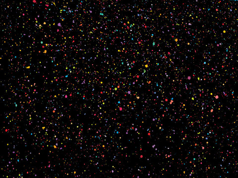 Colorful round confetti isolated on black background. Dust overl