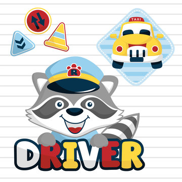 funny taxi driver cartoon vector with traffic signs on striped background