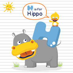 cartoon vector of learn with hippo and little duck on striped background