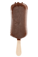 Ice cream in chocolate glaze  on a wooden stick. Sweet dessert for the summer is photographed close-up. Isolated on white background.
