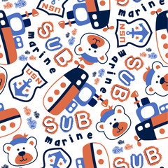 seamless vector pattern with submarine cartoon and funny sailor head