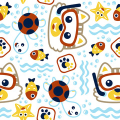 seamless vector pattern with little cat cartoon the diver, marine life, turtle, fish.