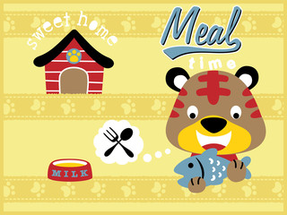 cartoon vector of little cat meal time