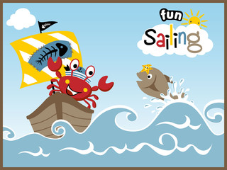 Sailing fun with funny animals cartoon vector. Crab, fish, starfish.