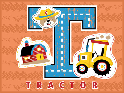 cartoon vector of farming equipment, tractor, funny farmer, barn on tractor trail background 