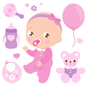 Baby girl and pink accessories set. Vector illustration collection