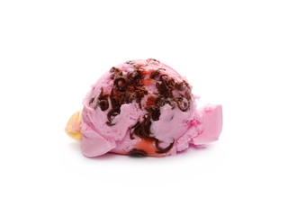 Raspberry ice cream ball, scoop with chocolate shavings isolated on white background