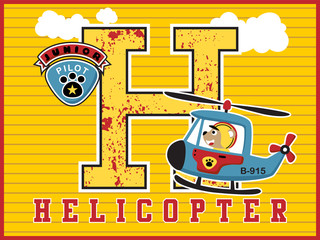 Helicopter cartoon vector with funny pilot on striped background.