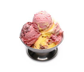 Raspberry and vanilla ice cream balls, scoops with chocolate shavings in metal bowl isolated on white background