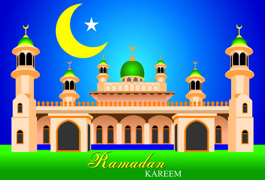Islam, ramadan. Mosque flat art style in moon star and sky background