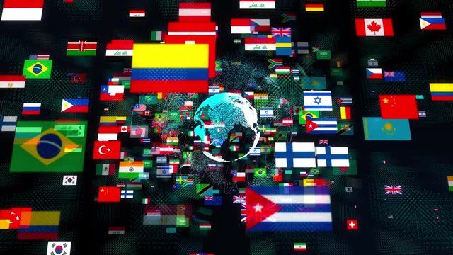 Nation flags in cyberspace. International network concept.