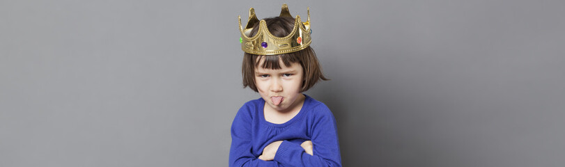 playful preschooler with cheeky attitude and mollycoddled crown, grey banner