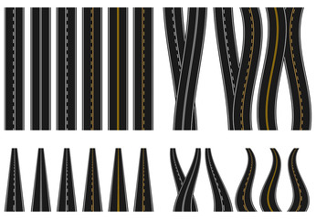 Set of roads with various white and yellow marks on a white background. View from above and in perspective. Markup adjusts the mode of overtaking. illustration