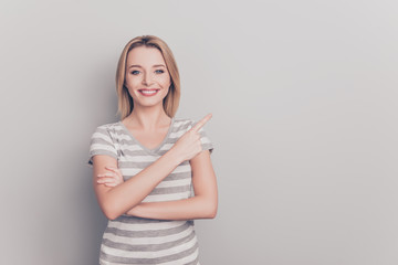 Your smart choice is here! Portrait of glad cute confident beautiful lady with modern hairdo...