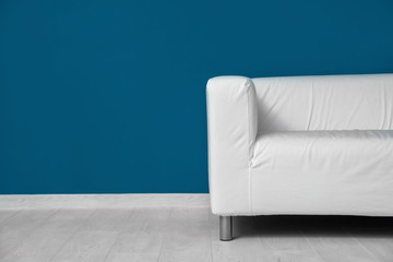 Comfortable sofa against color wall