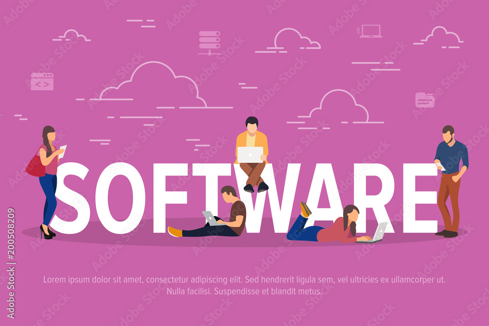 Poster software concept vector illustration. business people using devices for for application or app devel