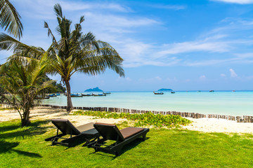 Amazing view of beautiful beach with palm trees, chaises and transparent turquoise water. A great place to relax. Location: Ko Phi Phi Don island, Krabi province, Thailand, Andaman Sea. 
